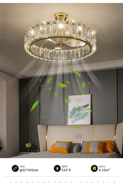 Nordic Luxury Crystal Ceiling Fan Light Modern Minimalist Dining Room Hotel Pendant Lights Living Room Bedroom Silent Fan lamp