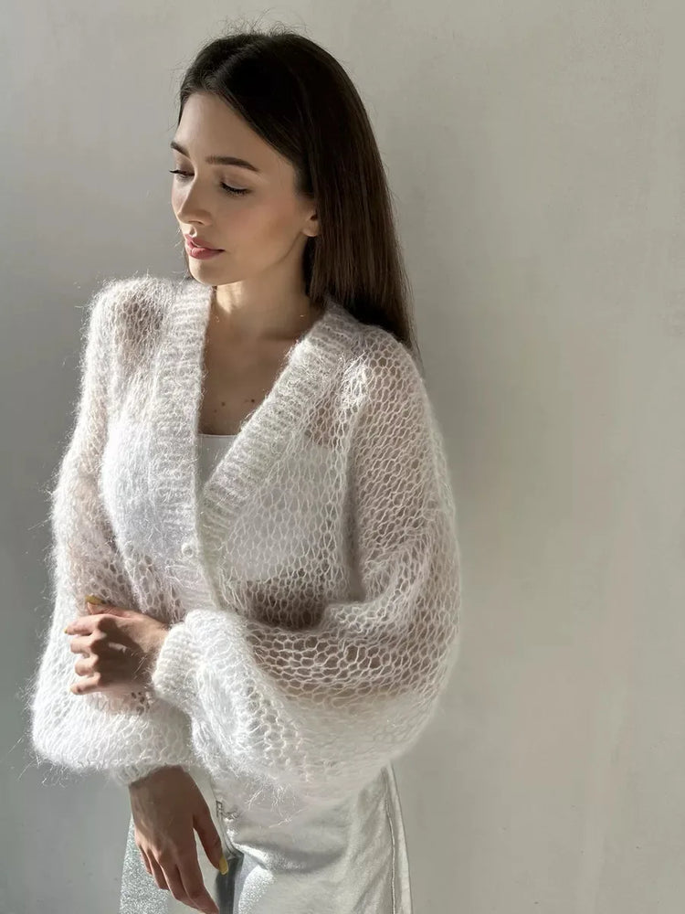 Women Knitting Cardigan 2026 New Women Mohair Knit Cardigan Hollow Out Sheer Long Sleeve Casual Knitted Outerwear Sweater