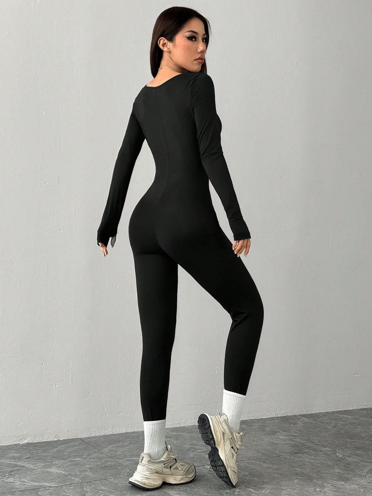Black knit square neck fitted casual sports yoga jumpsuit