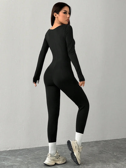 Black knit square neck fitted casual sports yoga jumpsuit