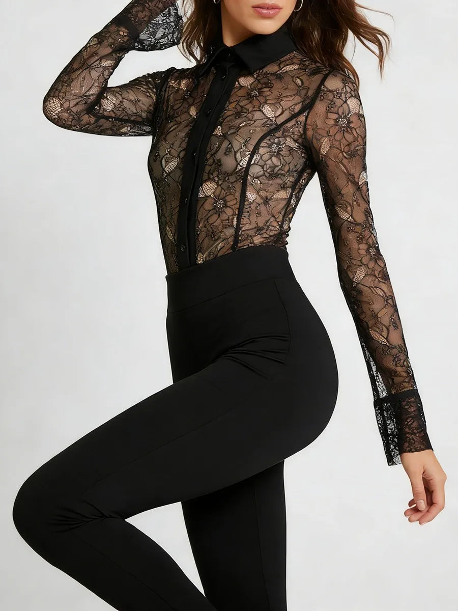 TWOTWINSTYLE Solid Slimming Sheer Spliced Lace Sexy Rompers for Women Lapel Long Sleeves Patchwork Single Breasted Romper Female