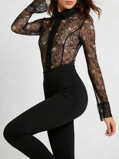 TWOTWINSTYLE Solid Slimming Sheer Spliced Lace Sexy Rompers for Women Lapel Long Sleeves Patchwork Single Breasted Romper Female