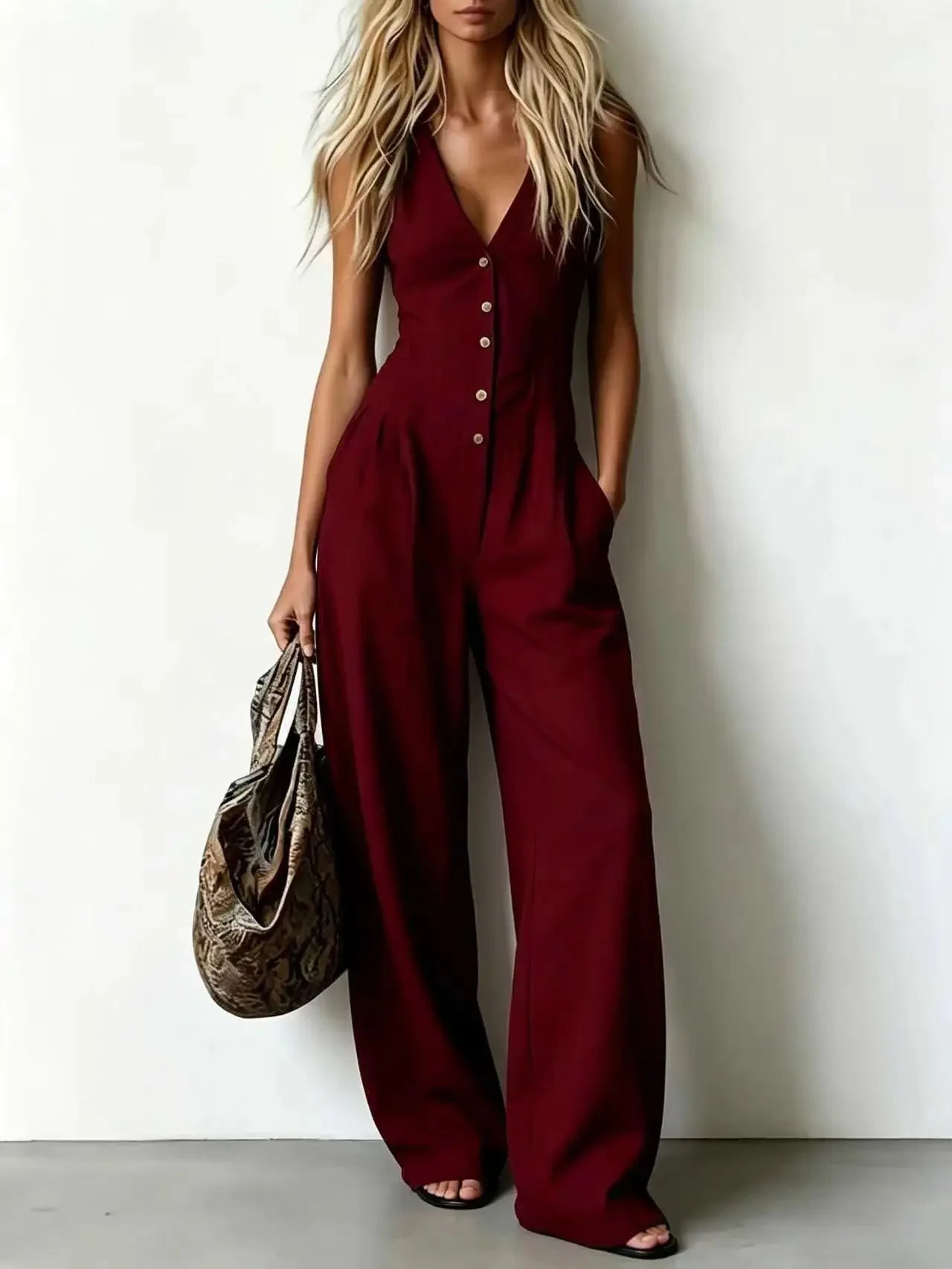 Women V Neck Spaghetti Strap Jumpsuit High Waist Pleated Wide Leg Long Pants with Pockets Casual Vacation Solid Overalls