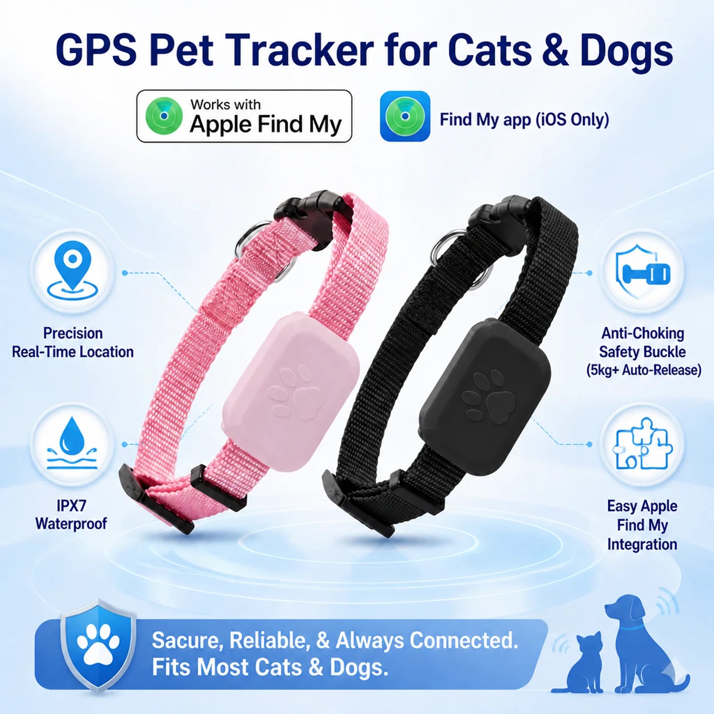Remote Pet GPS Tracker Waterproof Real-Time Tracking Movement Alert Collar Anti-Lost Dog Cat Global Locator for Apple Find APP