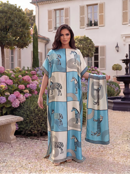 Boho Horse Leopard Geometric Print Satin Abaya Scarf Set, Loose Batwing Maxi Kaftan For Muslim Women Summer Beach Daily Wear