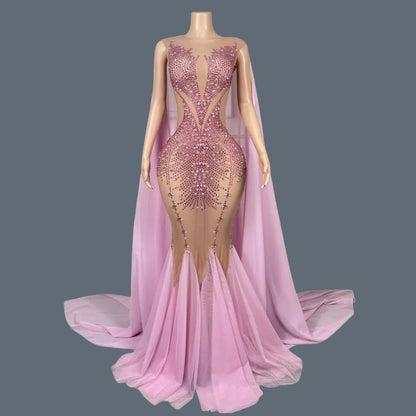 Luxury Dinners Shine Rhinestone Pink Ball Dress for Women Elegant Cloak Dress Birthday Celebrate Prom Queen Fishtail Gown Chanyi