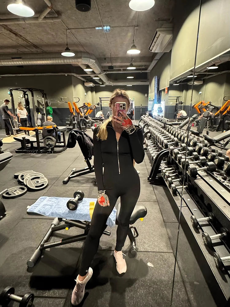 Women's Casual Sporty Fitness Outfit Long Sleeve Zipper Jumpsuit Female Workout Rompers Skinny Activity Wear Overalls Tops