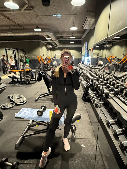 Women's Casual Sporty Fitness Outfit Long Sleeve Zipper Jumpsuit Female Workout Rompers Skinny Activity Wear Overalls Tops