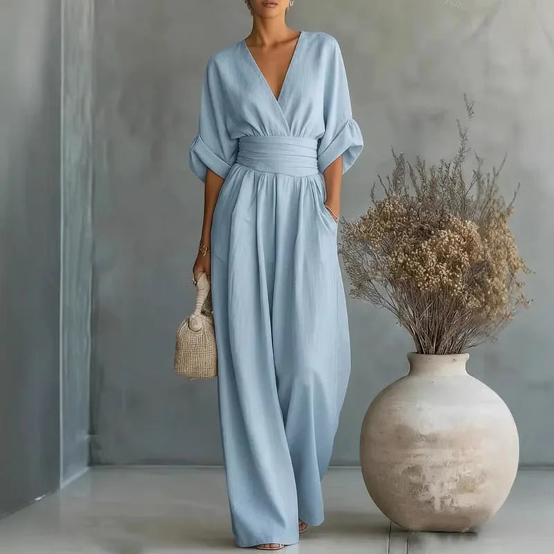 OL Style Solid High Waist Draped Jumpsuits Woman 2026 Spring V Neck Wide Leg Trousers Overalls Casual Half Sleeve Rompers Outfit