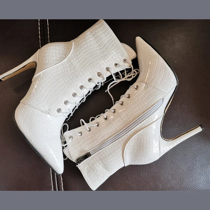 Sexy Ankle Cowboy Boots For Women Dance Shoes Fashion Snake Red White Black High Heels Lace Up Short Boot Autumn Large Size