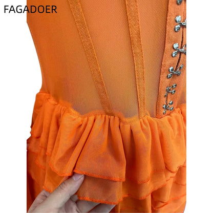 FAGADOER Sexy Mesh Ruched Patchwork Bodycon Rompers for Woman Solid Color See Through Long Sleeves Jumpsuits Female Streetwear