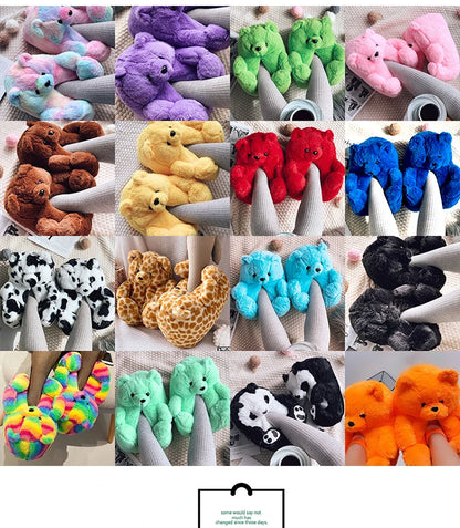 Cute Teddy Bear Plush Winter Slippers, Wrapped Heel Funny Indoor Floor Shoes, Women Gift, Warm Soft Cartoon Fluffy Animal Slippe