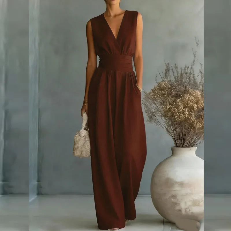 2026 Deep V Neck Women's Jumpsuits Elegant Sleeveless Solid High Waist Rompers Casual Wide Leg Pants Overalls Vacation Outfit