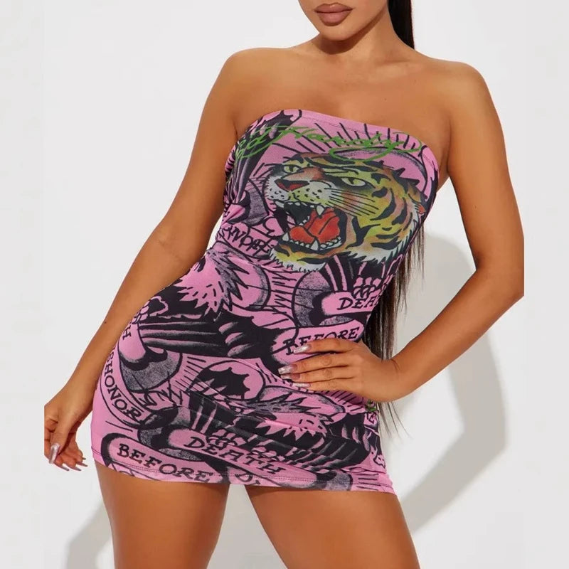 Stylish Lady Tiger Letter Printed Dress 2025 Summer Women Strapless Bodycon Hot Girl Sexy Club Party Street Mini Vestidos Festa