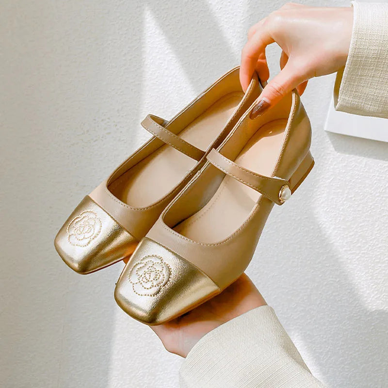 Fashion Mary Jane Women's Shoes 3cm Wide Heel Pumps Embroidered Flowers Pearl Buckle Strap Mary Jane Shoes Luxury Leather Heels