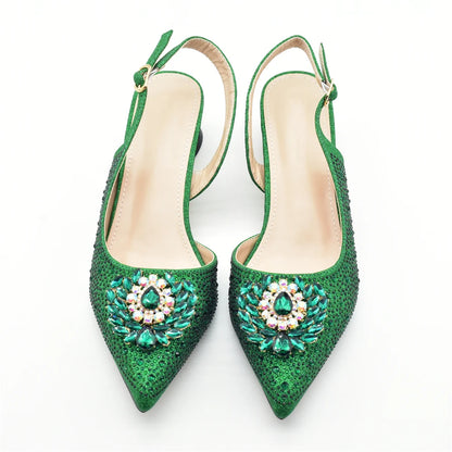 African Shoe and Bags Set for Wedding Nigerian Party Shoes and Bag Set Decorated with Rhinestone Elegant Heeled Pumps for Women