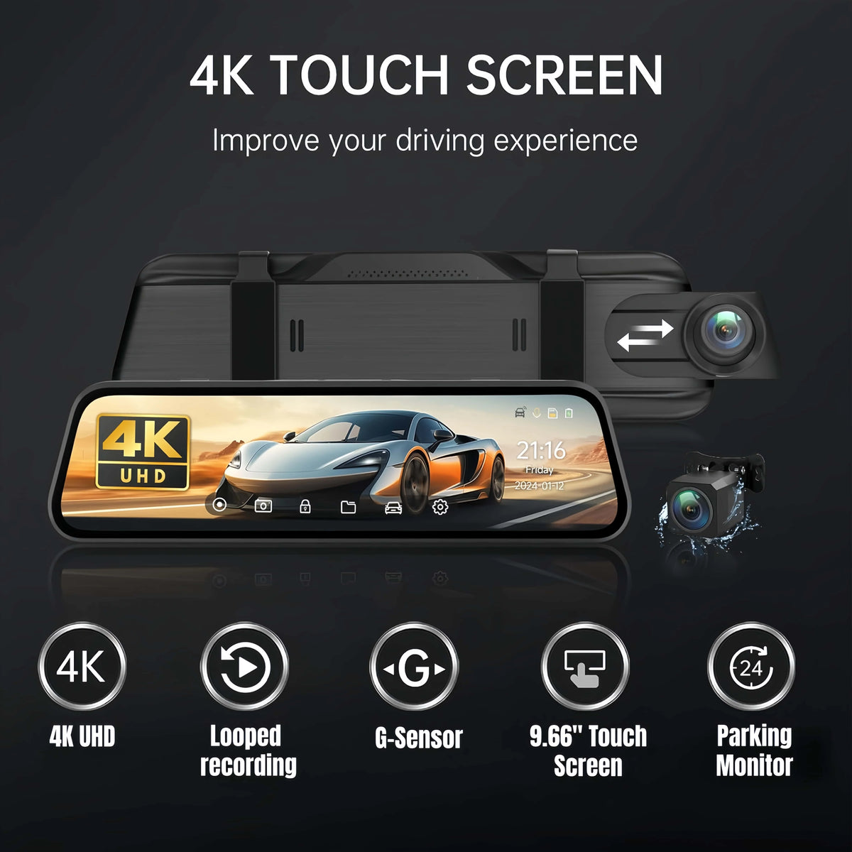 9.66" UHD 4K 2160P Car Dvr Mirror Dash Cam Dual Lens Dashcam IPS Screen Camera Drive Recorder Stream RearView Mirror 32G Card