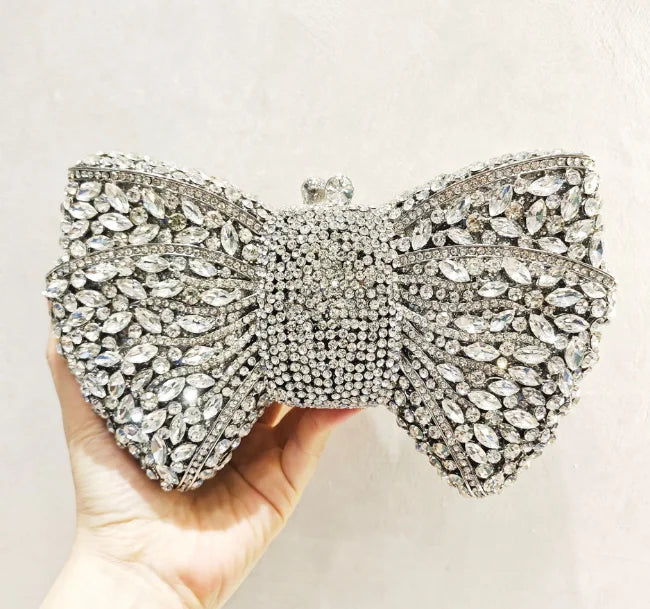 XIYUAN Silver White Rhinestone Evening Bag Muti-color Bow Diamond Clutches Wedding Party Purse Female Luxury Bridal Handbag Gift
