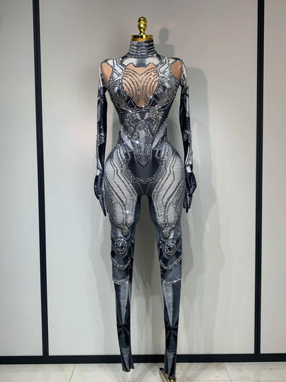 2025 Sexy Stretchy Performance Dance Nightclub Rompers Singer Stage Wear Sparkly Rhinestones Jumpsuit Gloves for Women Costume