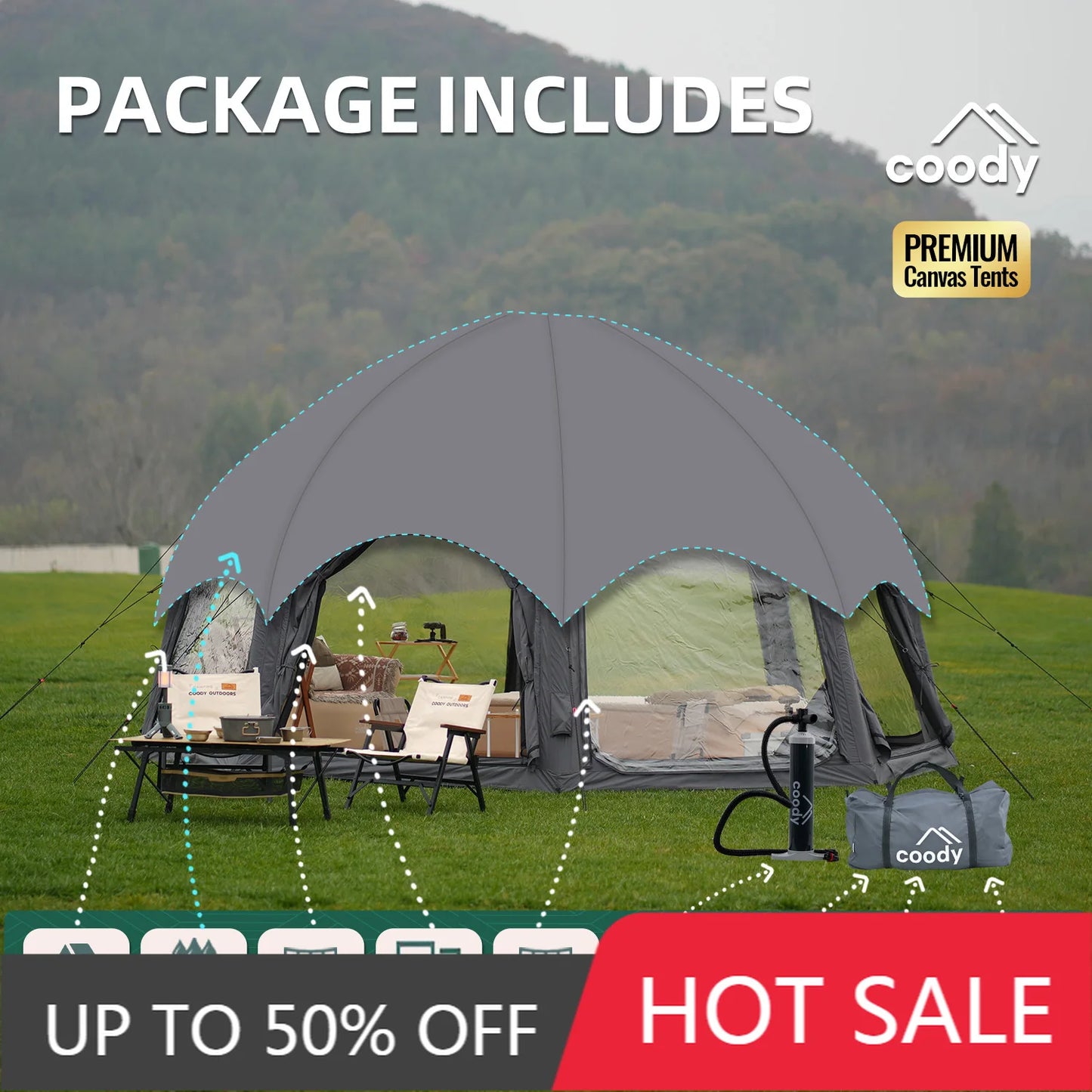 Coody Dome Air Tent Gray Classic Geodesic Inflatable Shelter Outdoor Camping Family Dome Canopy Tent