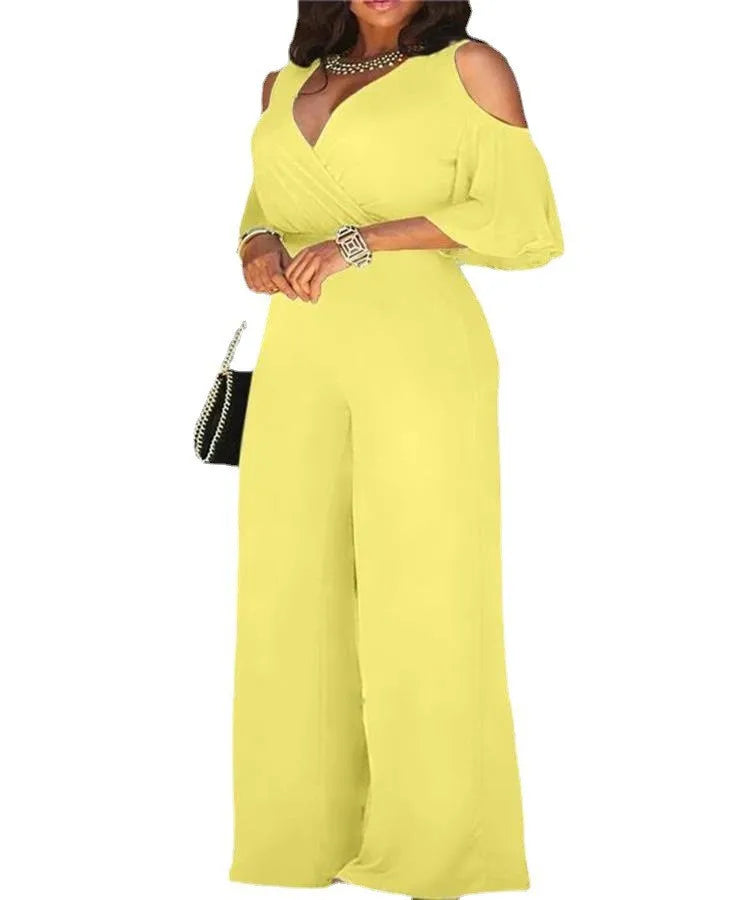 2024 Spring/Summer New Women's jumpsuit loose and elastic V-neck off shoulder waist loose wide leg pants for women's clothing
