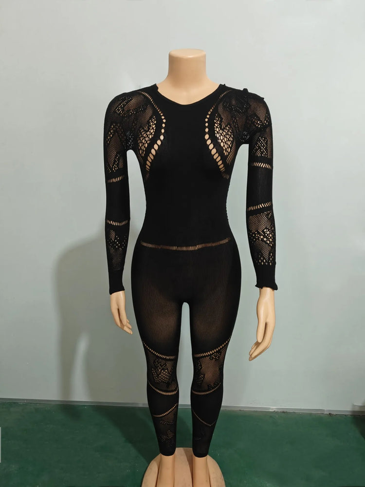 CM.YAYA Long Sleeve Sexy Mesh Lace Hollow Out Women’s Jumpsuits 2024 Fall O-Neck Night Club Party Pajamas  One Piece Outfits