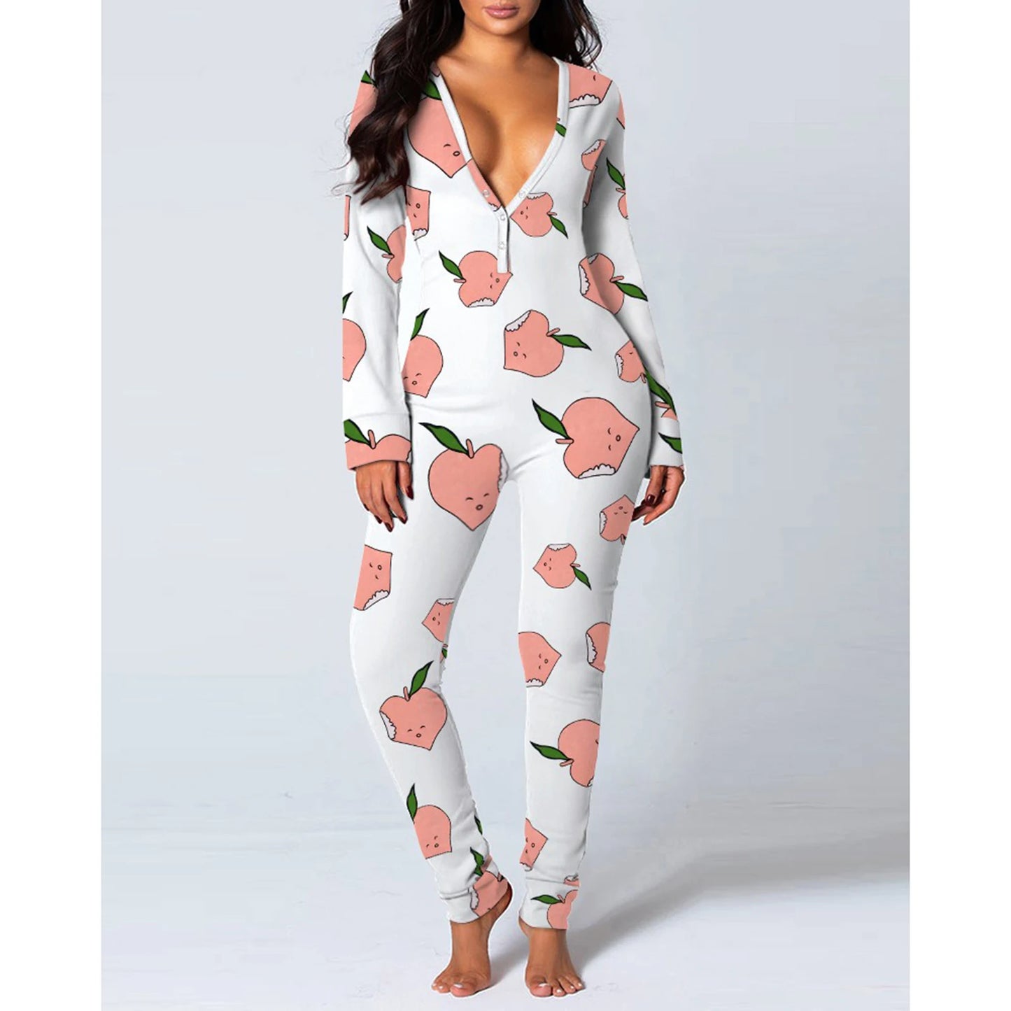 Combhasaki Women Sleeping Rompers Pajamas  Long Sleeve V-Neck Printed Slim Detachable Crotch Elastic Homewear Jumpsuits