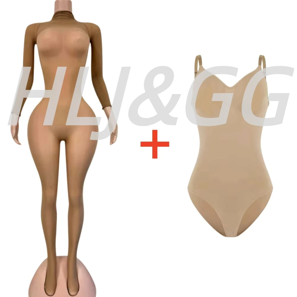 HLJ&GG Sexy Mesh See Through Bodycon Jumpsuits And Bodysuits Suits Women Long Sleeve Stretchy Playsuits Party Night Club Overall