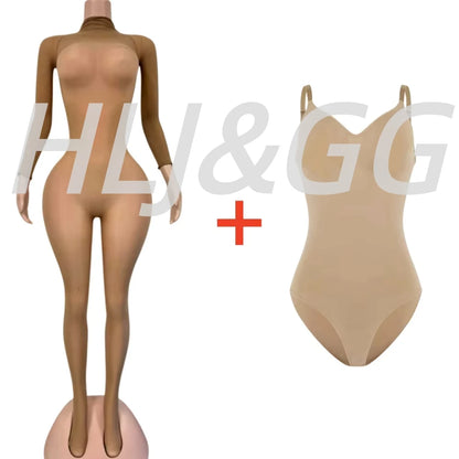 HLJ&GG Sexy Mesh See Through Bodycon Jumpsuits And Bodysuits Suits Women Long Sleeve Stretchy Playsuits Party Night Club Overall