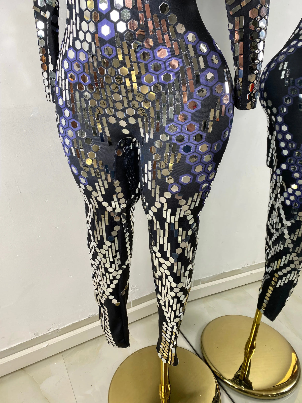 Women Sexy Spandex Tight Jumpsuit Long Sleeve Mirrors Cosplay Costume Nightclub Dancer Outfit Performance Stage Wear