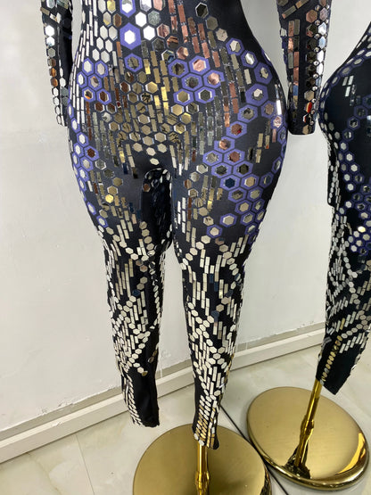 Women Sexy Spandex Tight Jumpsuit Long Sleeve Mirrors Cosplay Costume Nightclub Dancer Outfit Performance Stage Wear
