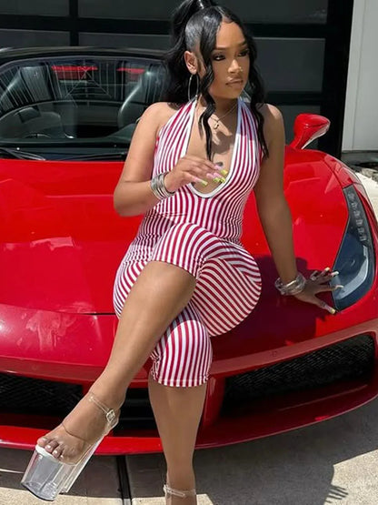 Weird Puss Stripe Print Playsuit Women Sleeveless Backless Halter Bandage Skinny Sexy Clubwear Activity Fitness Workout Romper