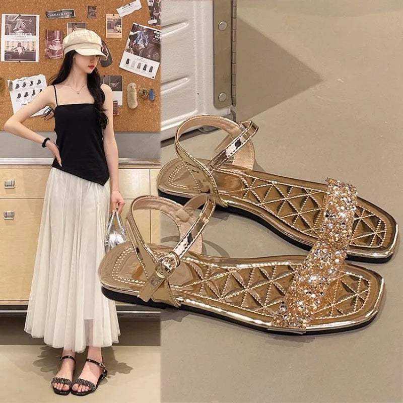 Luxury Crystal Square Toe Sandals Elegant Peep Toe Flat Slides Summer Fashionable Beach Shoes for Women
