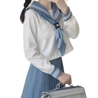 Blue JK Uniform Summer long Sleeve Japanese School Uniforms Girls Sailor Sets Pleated Skirt JK Uniform Costume