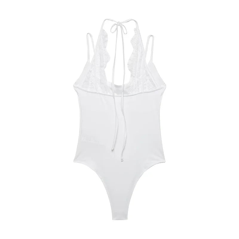 Women's Bodysuit 2026 New Fashion Summer Black Spliced Lace Bodysuit for Women Elegant Chic Personality Spaghetti Strap Bodysuit