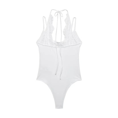Women's Bodysuit 2026 New Fashion Summer Black Spliced Lace Bodysuit for Women Elegant Chic Personality Spaghetti Strap Bodysuit