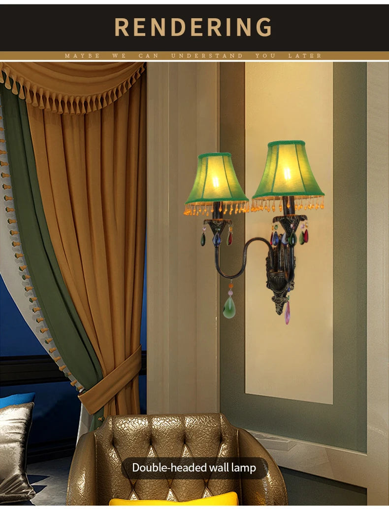 Retro American European Iron Art Red Cloth Crystal Wall Lamp for Hall Restaurant Bedroom Walkway Hotel Bar Decorative Wall Light
