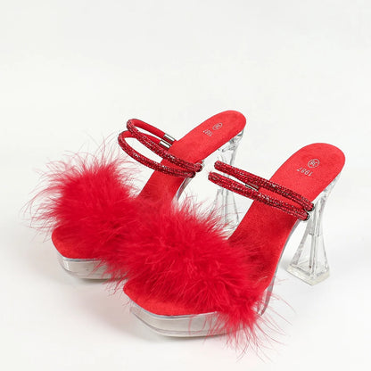 12CM Slippers For Women Gladiator Square Toe High Heels Summer Party Female Fur Sandals Plus Size Luxury Rhinestone Models Shoes