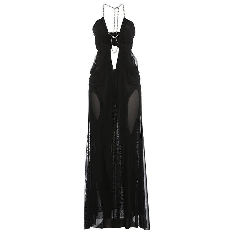 Prom Party Gown Dress Woman Sexy See Through Luxury Chain Halter Low-Neck Backless Sleeveless Midnight Elegant Vestidos