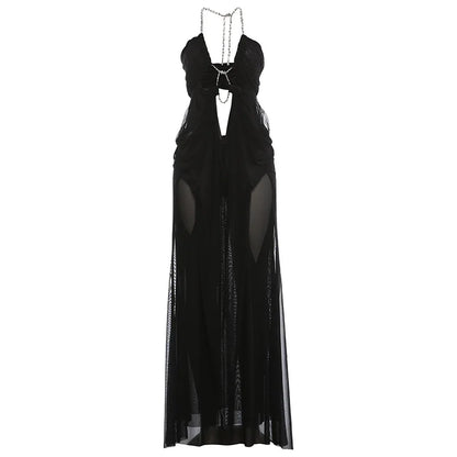 Prom Party Gown Dress Woman Sexy See Through Luxury Chain Halter Low-Neck Backless Sleeveless Midnight Elegant Vestidos