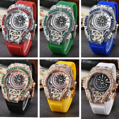 Business Full Diamond Case Luxury Top Mens Watches Rubber Strap Color Creative Decorative Quartz Watch Men AAA Clocks Relogio