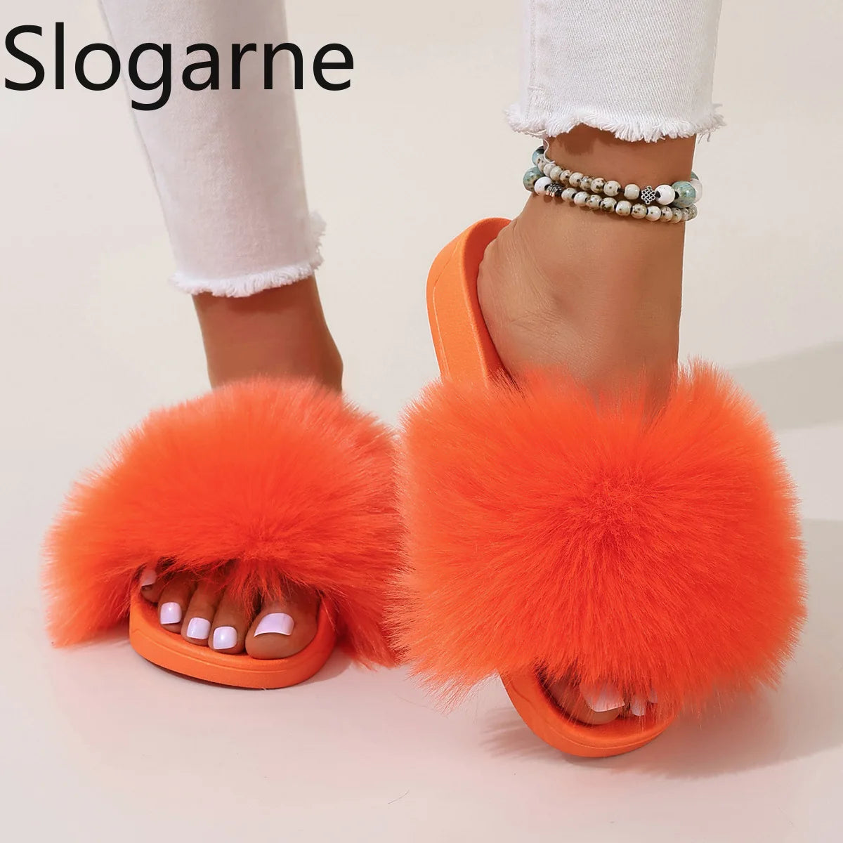 Fashion Fox Fur Slides Women Luxury Designer Summer Sandals Ladies Furry Lazy Slippers Fluffy Flip Flops Shoes Plus Size Shoes