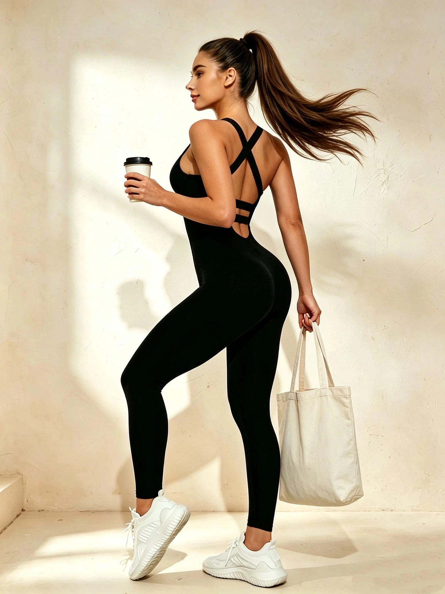Women Spaghetti Strap Yoga Jumpsuit Criss Cross Open Back One Piece Workout Bodysuit High Elastic Slim Fitness Gym Sports Romper