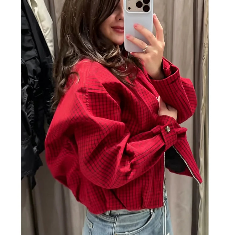 Autumn Fashion Plaid Bomber Jacket Women's Jacket Crop Oversized Long Sleeve Top Casual Zipper Outerwears Outdoor Coats
