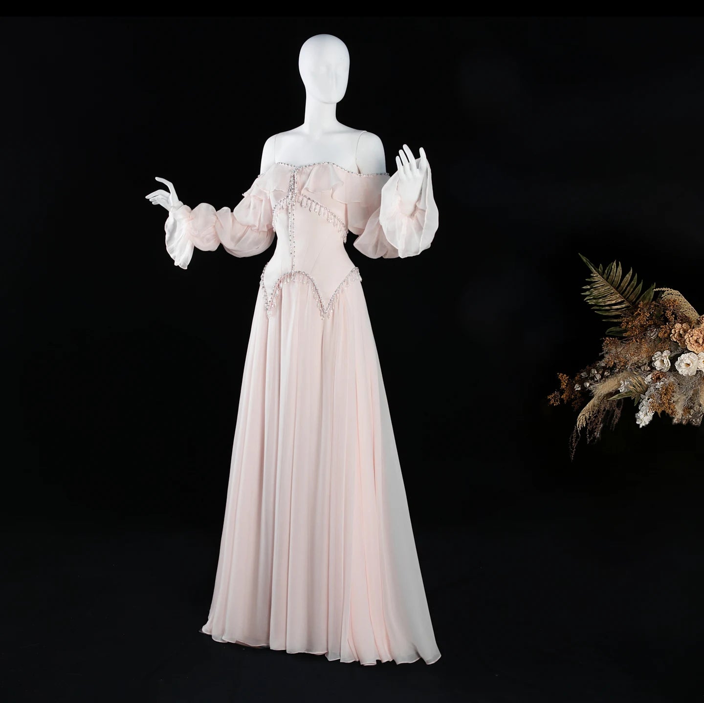 Sharon Said Evening Dresses Luxury A-Line Off Shoulder Chiffon Pearls Crystals Puff Sleeves Wedding Party Gowns SS412 Customized