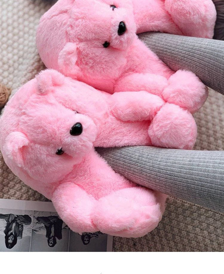 Cute Teddy Bear Plush Winter Slippers, Wrapped Heel Funny Indoor Floor Shoes, Women Gift, Warm Soft Cartoon Fluffy Animal Slippe