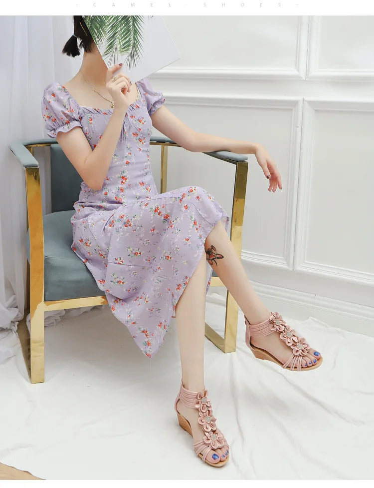 High quality leather flat sandals for women 5cm mid heel flower summer 2026 36 42 open toe vintage beach shoe black pink beige