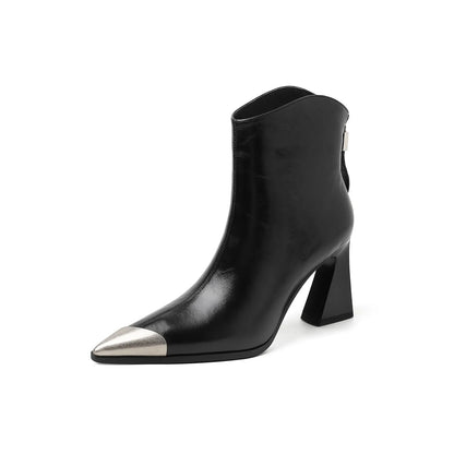 Women's Metallic Ankle Boots Metal Toe Cap Block Heel Design Sharp Pointed Toe Elegant Side Zipper Office-Casual Daily Botas