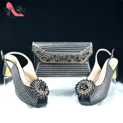 Mature Italian Women Shoes Matching Bag Set in Green Color 7 CM Comfortable Heels with Plaform Elegant Peep Toe Sandals