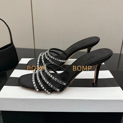 Fashionable Satin Pointed Toe Crystal High Heel Slippers Diamond Stiletto Sandals Luxury Sexy Design for Party Wedding Occasions